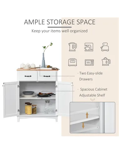 HOMCOM Modern Kitchen Cupboard, Wooden Storage Cabinet, Tableware Organizer with 2 Drawers for Living & Dining Room, White