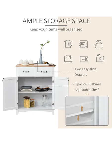 HOMCOM Modern Kitchen Cupboard, Wooden Storage Cabinet, Tableware Organizer with 2 Drawers for Living & Dining Room, White