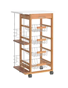 HOMCOM Rolling Kitchen Cart, Utility Storage Cart with 4 Basket Drawers & Side Racks, Wheels for Dining Room, Brown