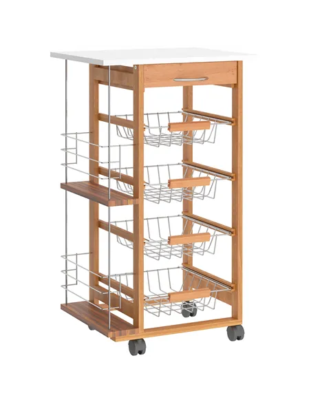 HOMCOM Rolling Kitchen Cart, Utility Storage Cart with 4 Basket Drawers & Side Racks, Wheels for Dining Room, Brown