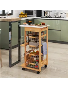 HOMCOM Rolling Kitchen Cart, Utility Storage Cart with 4 Basket Drawers & Side Racks, Wheels for Dining Room, Brown 2