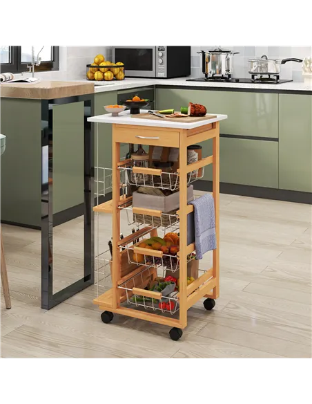 HOMCOM Rolling Kitchen Cart, Utility Storage Cart with 4 Basket Drawers & Side Racks, Wheels for Dining Room, Brown