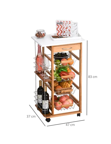 HOMCOM Rolling Kitchen Cart, Utility Storage Cart with 4 Basket Drawers & Side Racks, Wheels for Dining Room, Brown