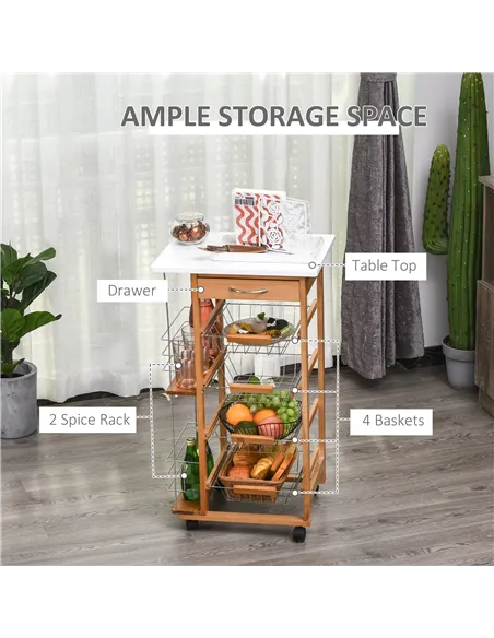 HOMCOM Rolling Kitchen Cart, Utility Storage Cart with 4 Basket Drawers & Side Racks, Wheels for Dining Room, Brown