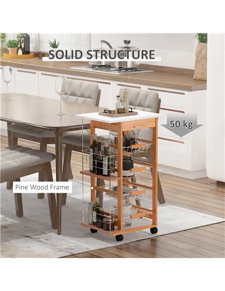 HOMCOM Rolling Kitchen Cart, Utility Storage Cart with 4 Basket Drawers & Side Racks, Wheels for Dining Room, Brown