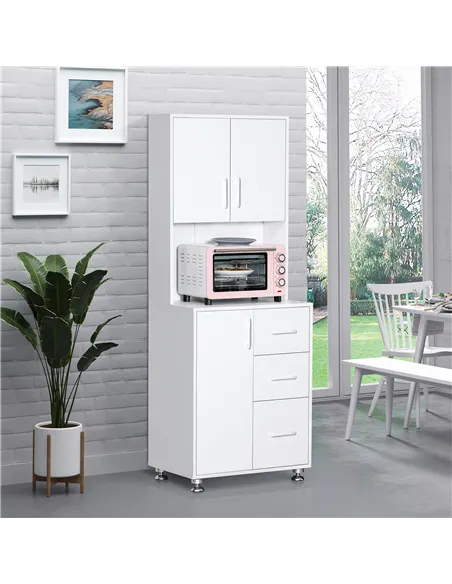 HOMCOM Modern Kitchen Cupboard with Storage Cabinets, 3 Drawers and Open Countertop for Living Room, White