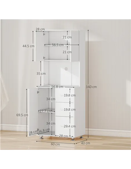 HOMCOM Modern Kitchen Cupboard with Storage Cabinets, 3 Drawers and Open Countertop for Living Room, White