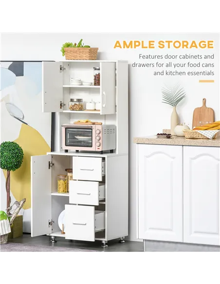 HOMCOM Modern Kitchen Cupboard with Storage Cabinets, 3 Drawers and Open Countertop for Living Room, White