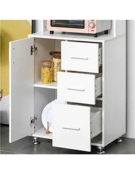 HOMCOM Modern Kitchen Cupboard with Storage Cabinets, 3 Drawers and Open Countertop for Living Room, White