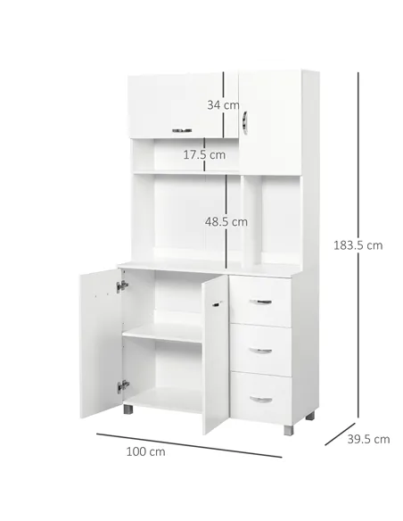 HOMCOM Kitchen Cupboard, 183cm Tall Storage Cabinet with Countertop, Sideboard with 3 Small Drawers, Flip Up Top Door, 3 Cabinet
