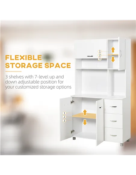HOMCOM Kitchen Cupboard, 183cm Tall Storage Cabinet with Countertop, Sideboard with 3 Small Drawers, Flip Up Top Door, 3 Cabinet