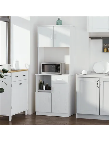 HOMCOM Freestanding Kitchen Cupboard, Modern Kitchen Storage Cabinet with Doors, Microwave Counter and Adjustable Shelves, White