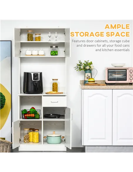 HOMCOM Freestanding Kitchen Cupboard, Modern Kitchen Storage Cabinet with Doors, Microwave Counter and Adjustable Shelves, White