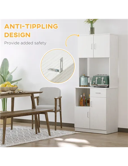 HOMCOM Freestanding Kitchen Cupboard, Modern Kitchen Storage Cabinet with Doors, Microwave Counter and Adjustable Shelves, White