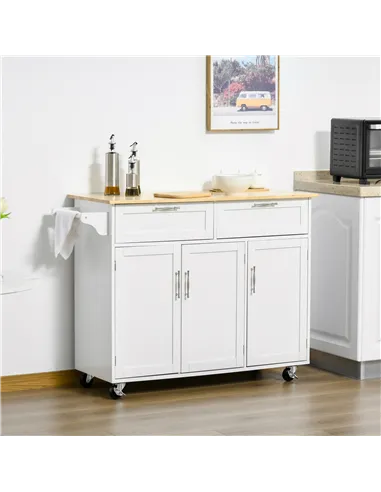 HOMCOM Kitchen Island Utility Cart, with 2 Storage Drawers & Cabinets for Dining Room, White