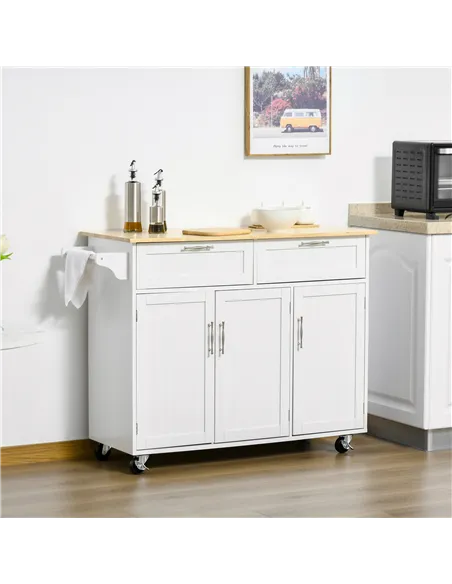 HOMCOM Kitchen Island Utility Cart, with 2 Storage Drawers & Cabinets for Dining Room, White