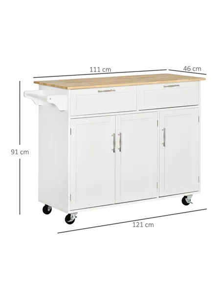 HOMCOM Kitchen Island Utility Cart, with 2 Storage Drawers & Cabinets for Dining Room, White