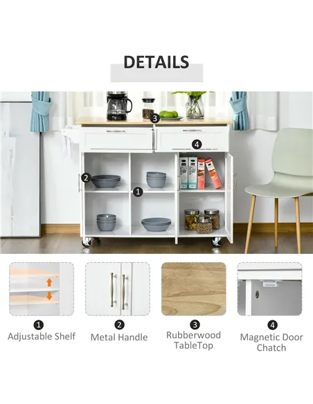 HOMCOM Kitchen Island Utility Cart, with 2 Storage Drawers & Cabinets for Dining Room, White