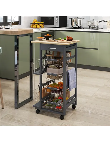HOMCOM Rolling Kitchen Cart, Utility Storage Cart with 4 Basket Drawers & Side Racks, Wheels for Dining Room, Grey