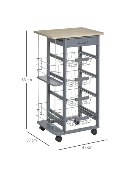 HOMCOM Rolling Kitchen Cart, Utility Storage Cart with 4 Basket Drawers & Side Racks, Wheels for Dining Room, Grey