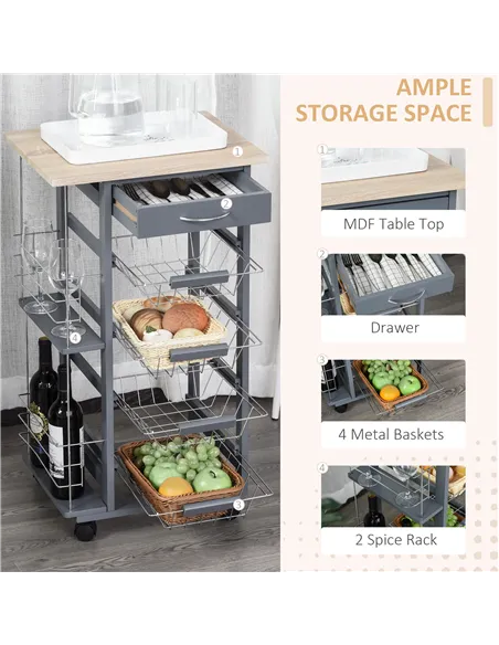 HOMCOM Rolling Kitchen Cart, Utility Storage Cart with 4 Basket Drawers & Side Racks, Wheels for Dining Room, Grey