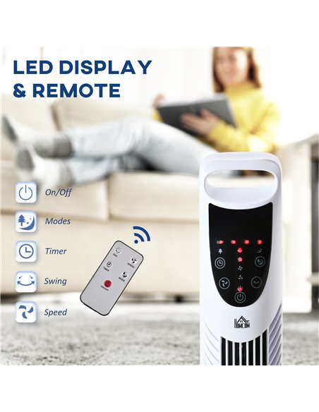 HOMCOM 36'' Freestanding Tower Fan, 3 Speed 3 Mode, 7.5h Timer, 70 Degree Oscillation, LED Panel, 5M Remote Controller, White