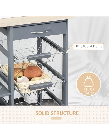 HOMCOM Rolling Kitchen Cart, Utility Storage Cart with 4 Basket Drawers & Side Racks, Wheels for Dining Room, Grey