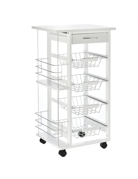 HOMCOM Rolling Kitchen Cart, Utility Storage Cart with 4 Basket Drawers & Side Racks, Wheels for Dining Room, White