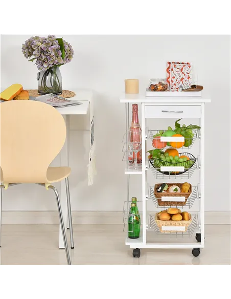HOMCOM Rolling Kitchen Cart, Utility Storage Cart with 4 Basket Drawers & Side Racks, Wheels for Dining Room, White