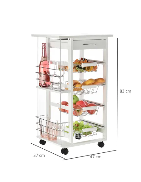 HOMCOM Rolling Kitchen Cart, Utility Storage Cart with 4 Basket Drawers & Side Racks, Wheels for Dining Room, White