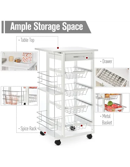 HOMCOM Rolling Kitchen Cart, Utility Storage Cart with 4 Basket Drawers & Side Racks, Wheels for Dining Room, White