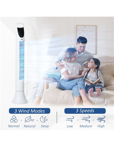 HOMCOM 36'' Freestanding Tower Fan, 3 Speed 3 Mode, 7.5h Timer, 70 Degree Oscillation, LED Panel, 5M Remote Controller, White