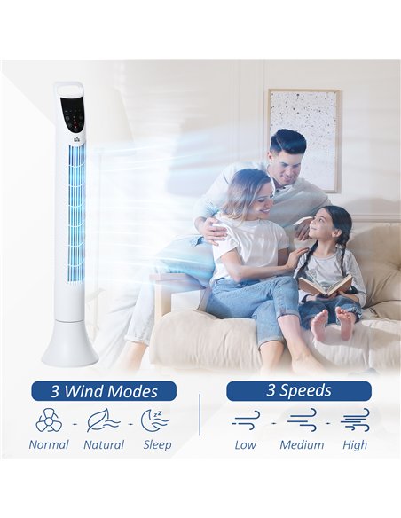HOMCOM 36'' Freestanding Tower Fan, 3 Speed 3 Mode, 7.5h Timer, 70 Degree Oscillation, LED Panel, 5M Remote Controller, White