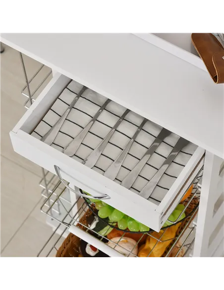 HOMCOM Rolling Kitchen Cart, Utility Storage Cart with 4 Basket Drawers & Side Racks, Wheels for Dining Room, White