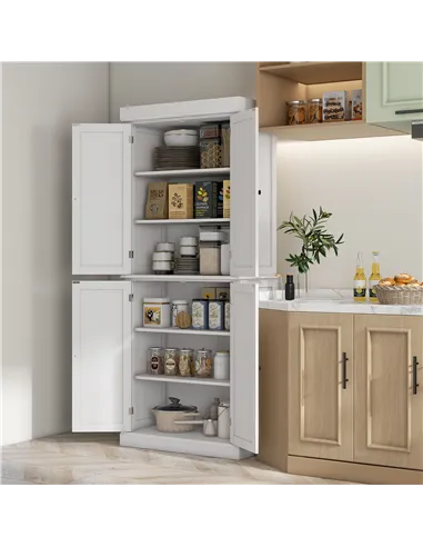 HOMCOM Freestanding Kitchen Cupboard with 4 Doors, Storage Cabinet with 6-Tier Shelving and 4 Adjustable Shelves, White
