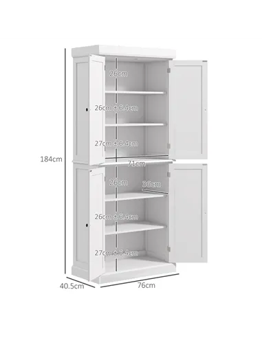 HOMCOM Freestanding Kitchen Cupboard with 4 Doors, Storage Cabinet with 6-Tier Shelving and 4 Adjustable Shelves, White