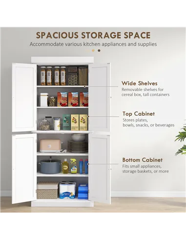 HOMCOM Freestanding Kitchen Cupboard with 4 Doors, Storage Cabinet with 6-Tier Shelving and 4 Adjustable Shelves, White