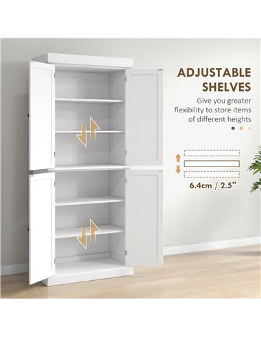HOMCOM Freestanding Kitchen Cupboard with 4 Doors, Storage Cabinet with 6-Tier Shelving and 4 Adjustable Shelves, White