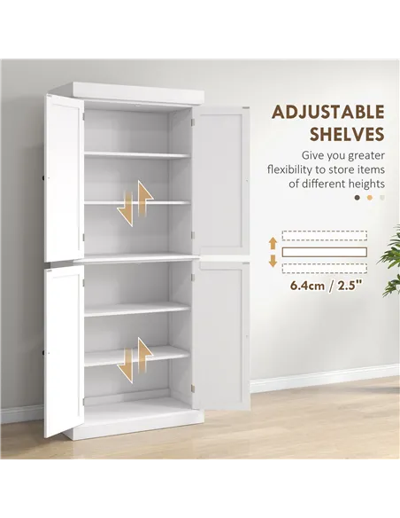 HOMCOM Freestanding Kitchen Cupboard with 4 Doors, Storage Cabinet with 6-Tier Shelving and 4 Adjustable Shelves, White