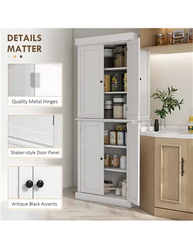 HOMCOM Freestanding Kitchen Cupboard with 4 Doors, Storage Cabinet with 6-Tier Shelving and 4 Adjustable Shelves, White