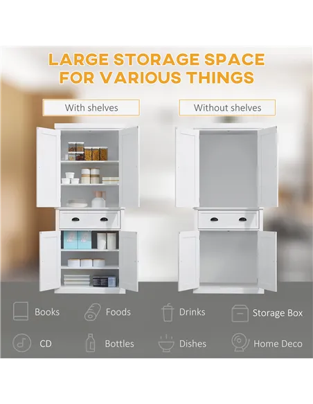 HOMCOM Freestanding Kitchen Cupboard, 184cm Tall Storage Cabinet with Doors and Shelves, Traditional Colonial 4-Door Kitchen Pan