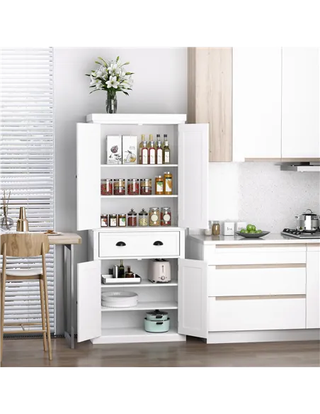 HOMCOM Freestanding Kitchen Cupboard, 184cm Tall Storage Cabinet with Doors and Shelves, Traditional Colonial 4-Door Kitchen Pan