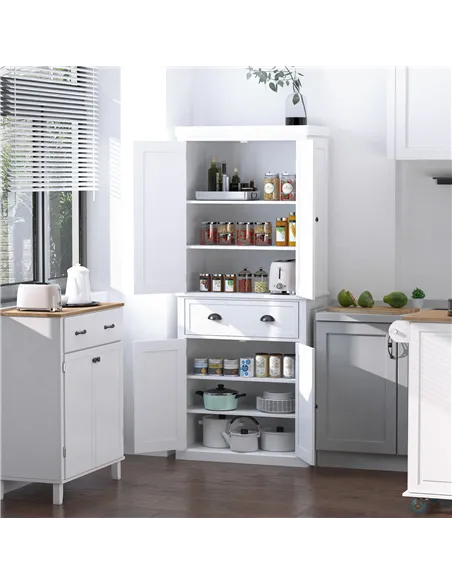 HOMCOM Freestanding Kitchen Cupboard, 184cm Tall Storage Cabinet with Doors and Shelves, Traditional Colonial 4-Door Kitchen Pan