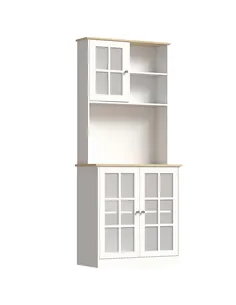 HOMCOM Freestanding Kitchen Cupboard, Storage Cabinet with Doors and Adjustable Shelves, Counter Top, Grid Glass Doors, 80L x 37