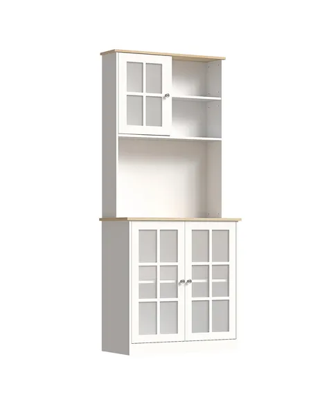 HOMCOM Freestanding Kitchen Cupboard, Storage Cabinet with Doors and Adjustable Shelves, Counter Top, Grid Glass Doors, 80L x 37