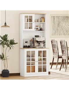 HOMCOM Freestanding Kitchen Cupboard, Storage Cabinet with Doors and Adjustable Shelves, Counter Top, Grid Glass Doors, 80L x 37 2