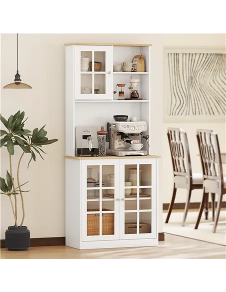HOMCOM Freestanding Kitchen Cupboard, Storage Cabinet with Doors and Adjustable Shelves, Counter Top, Grid Glass Doors, 80L x 37