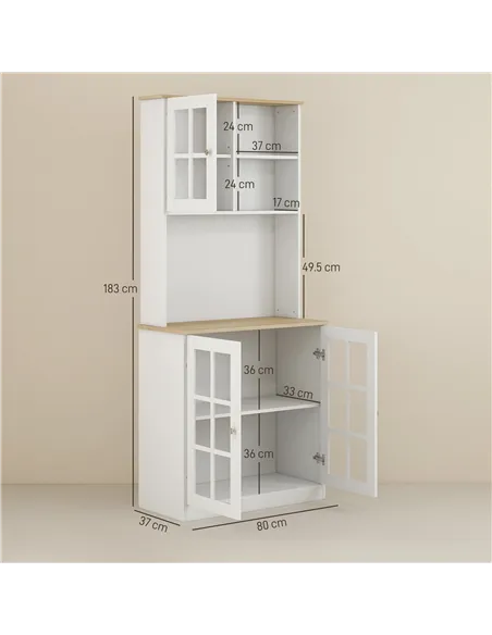 HOMCOM Freestanding Kitchen Cupboard, Storage Cabinet with Doors and Adjustable Shelves, Counter Top, Grid Glass Doors, 80L x 37