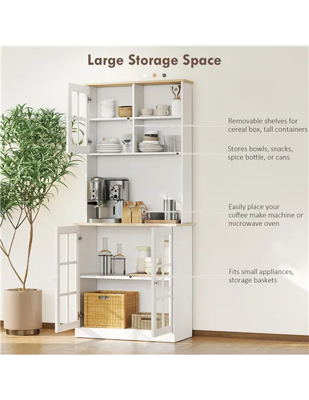 HOMCOM Freestanding Kitchen Cupboard, Storage Cabinet with Doors and Adjustable Shelves, Counter Top, Grid Glass Doors, 80L x 37
