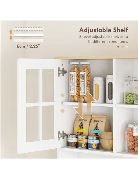 HOMCOM Freestanding Kitchen Cupboard, Storage Cabinet with Doors and Adjustable Shelves, Counter Top, Grid Glass Doors, 80L x 37